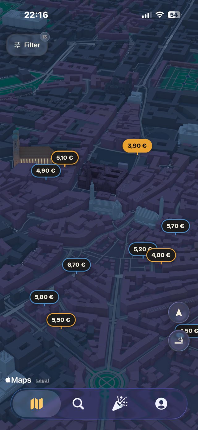 BarHopfn-Karte auf dem iPhone: Altstadt in 3D mit Helles-Preisen